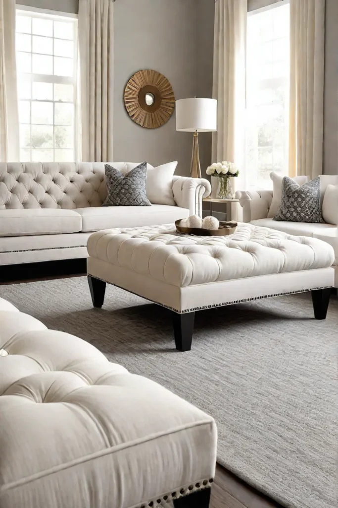 Beige tufted ottomans in a luxurious living room