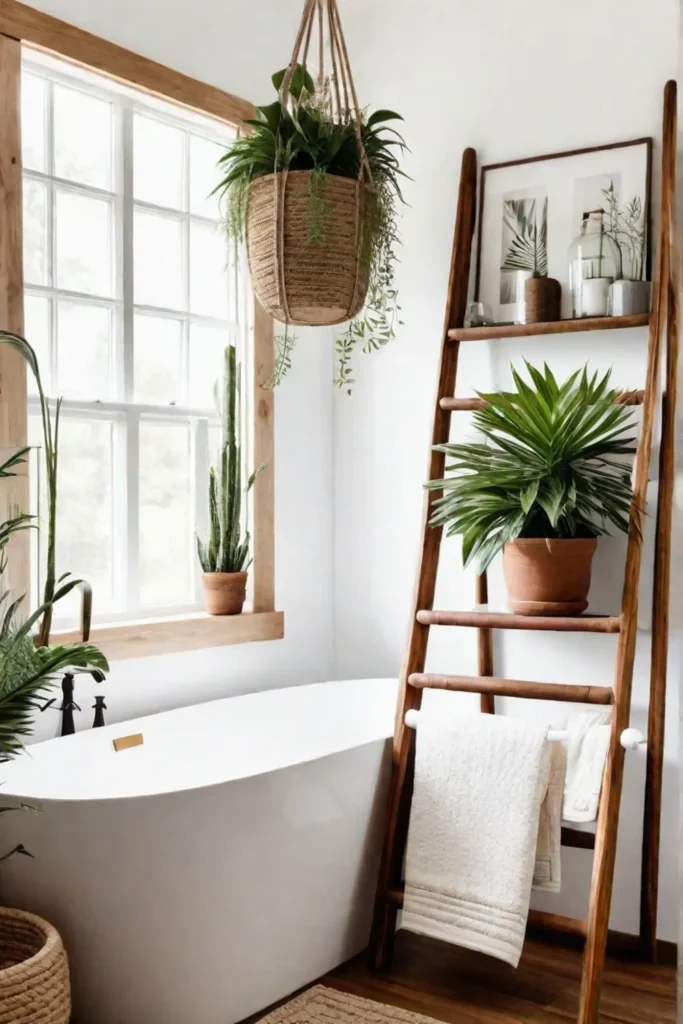 Bohemian bathroom with a macrame wall hanging and plants