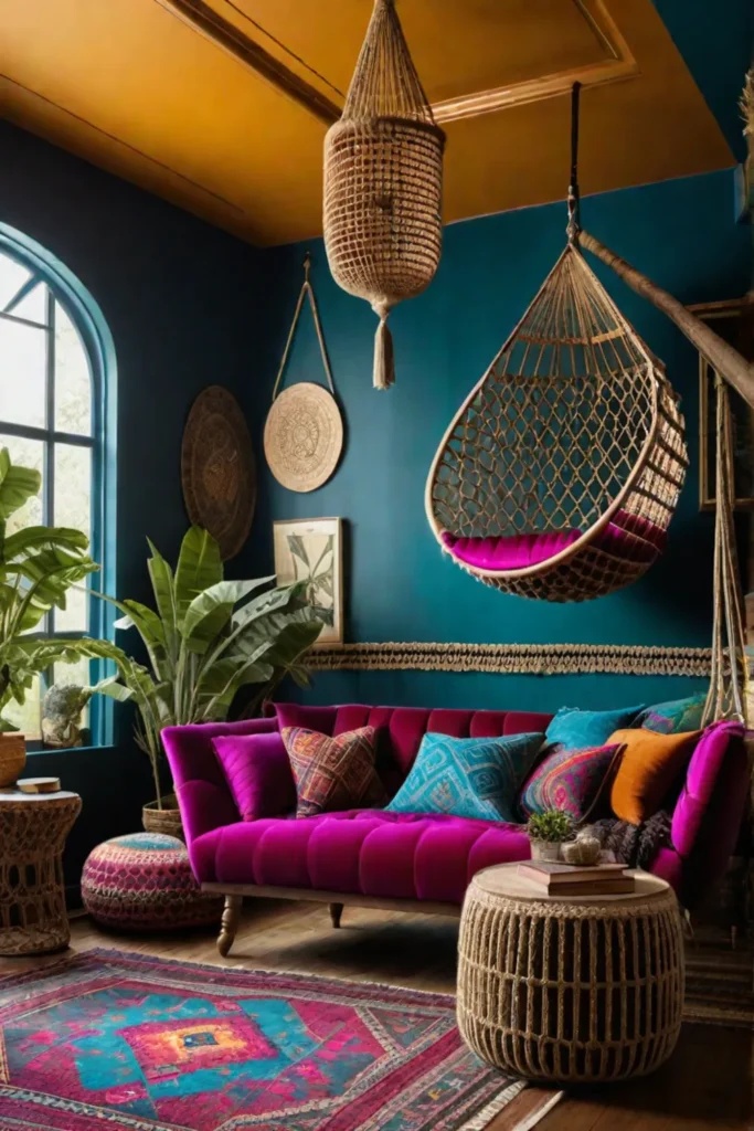 Bohemian living room with chaise lounge and macrame hanging chair