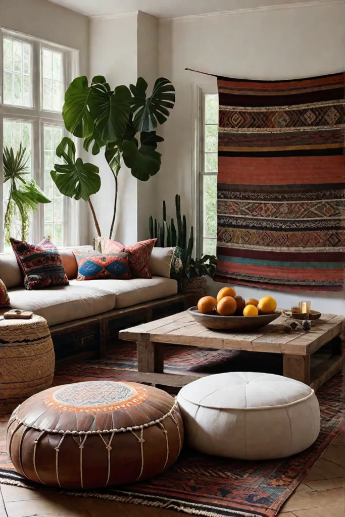 Bohemian living room with kilim rug and floor cushions