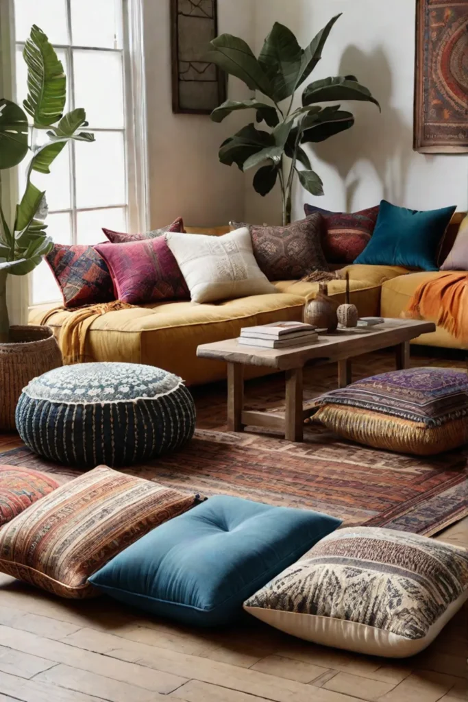 Bohemian living room with patterned floor cushions