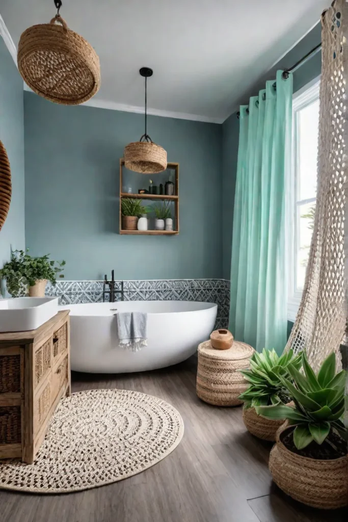 Bohemianstyle small bathroom with macrame and wicker accents