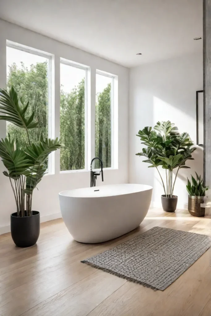Bright bathroom with white walls and greenery