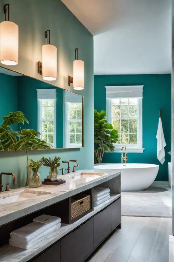 Calming bluegreen bathroom with freestanding tub
