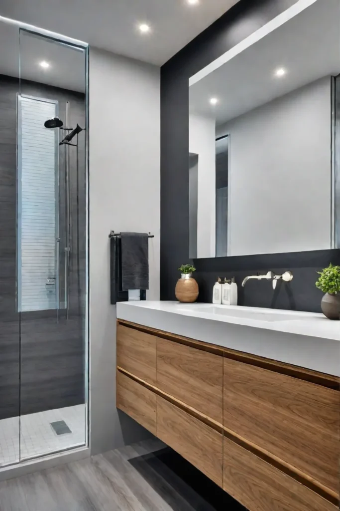 Calming gray bathroom with natural wood accents