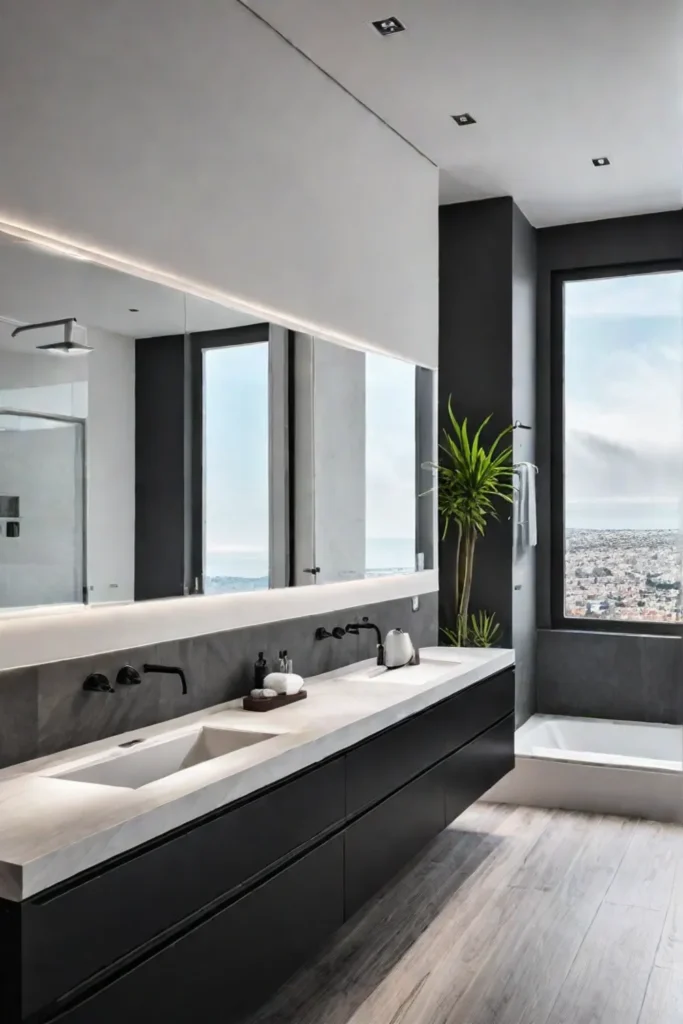 Classic bathroom design with laminate flooring resembling natural stone