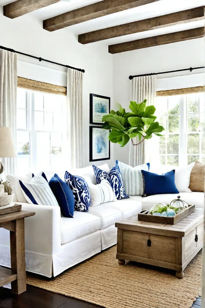 Coastal living room with slipcovered sofa and natural fiber rug