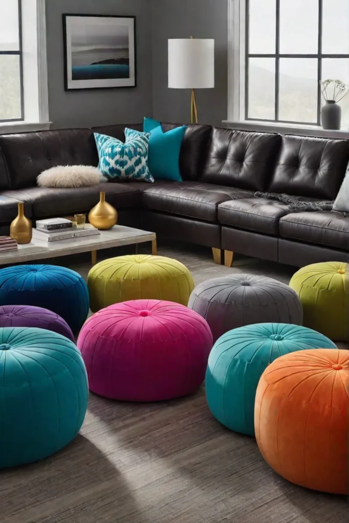 Colorful poufs in a playful living room setting