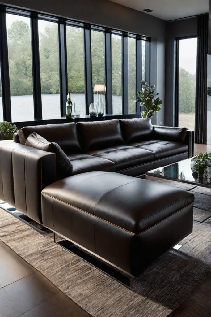 Contemporary living room with recycled leather sofa and ecofriendly lighting