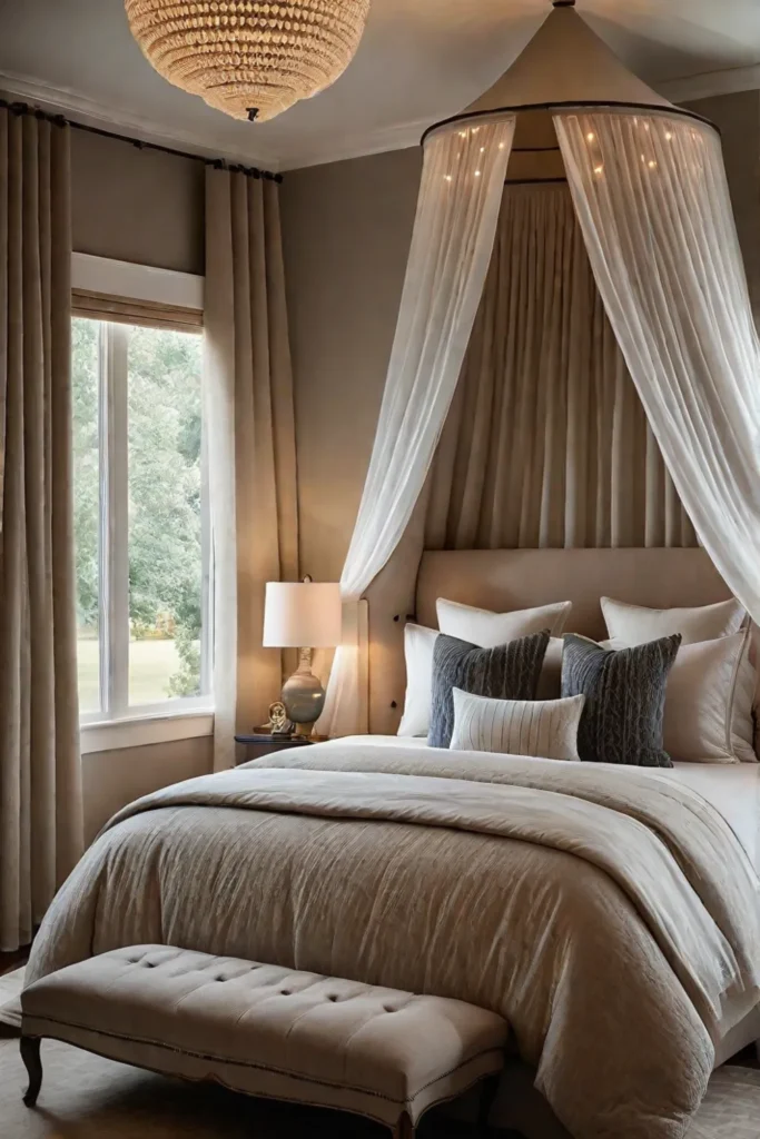 Cozy bedroom with fabric canopy bed and layered bedding