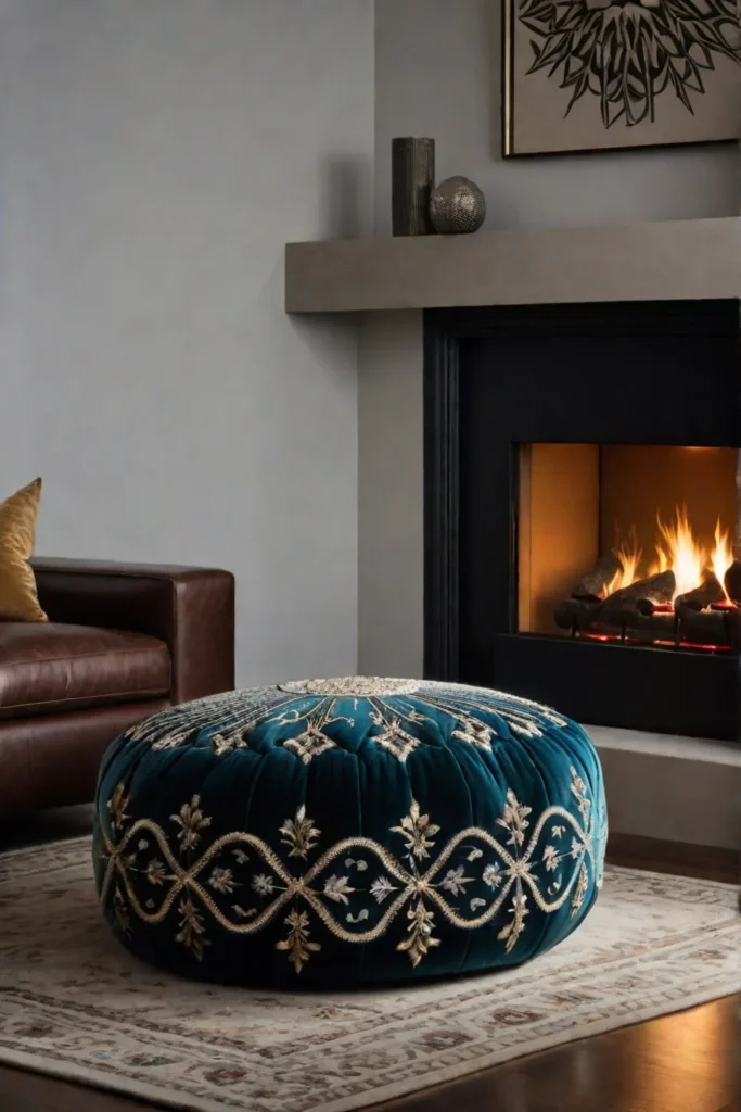 Cozy living room corner with a pouf and fireplace