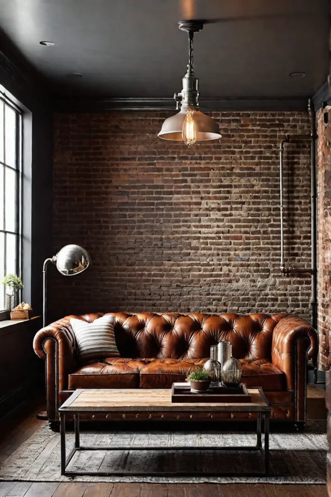 Cozy living room with leather sofa and Edison bulb lighting