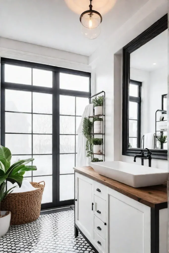 DIY bathroom remodel with refinished vanity and hexagon tile floor