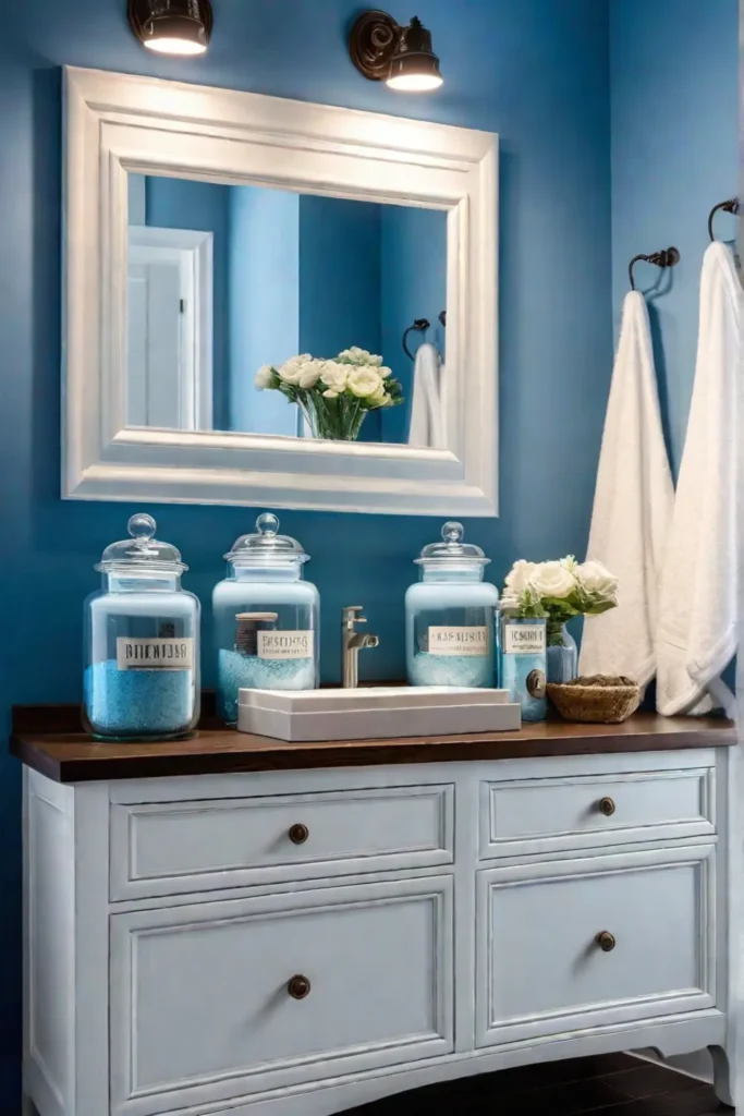 DIY bathroom vanity with blue dresser