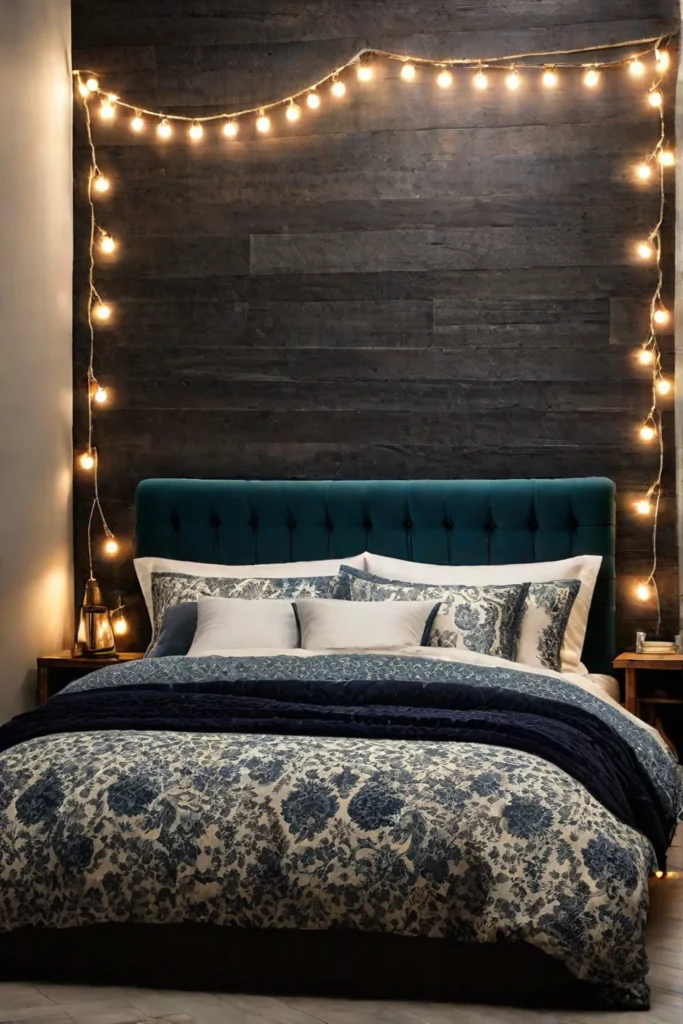 DIY headboard with vintage fabric adds a touch of charm to a bedroom