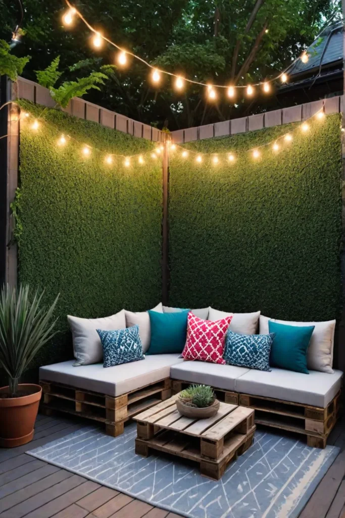 DIY patio seating with colorful cushions and string lights