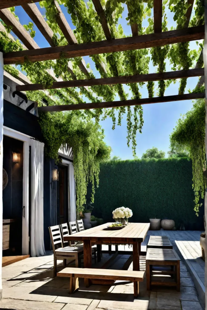DIY pergola with vines over a patio dining area