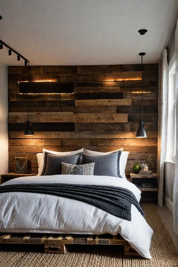 DIY wood pallet headboard adds a rustic touch to a bedroom