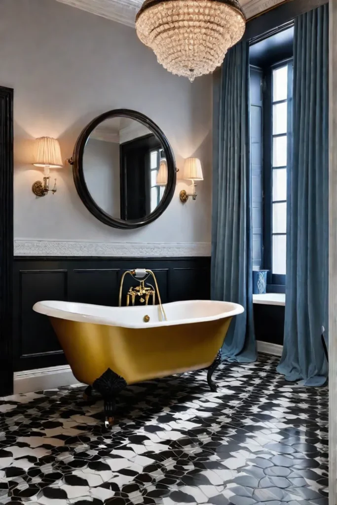 Eclectic bathroom with clawfoot tub and patterned tile floor