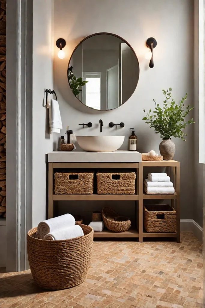 Eclectic bathroom with cork flooring and natural stone sink