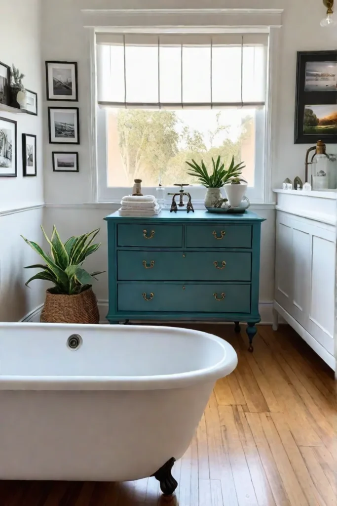 Eclectic bathroom with repurposed dresser and clawfoot tub