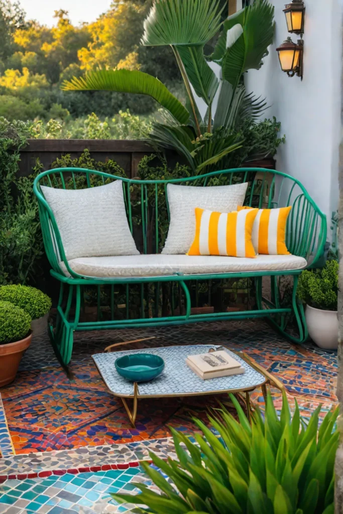 Eclectic patio with thrifted and upcycled furniture