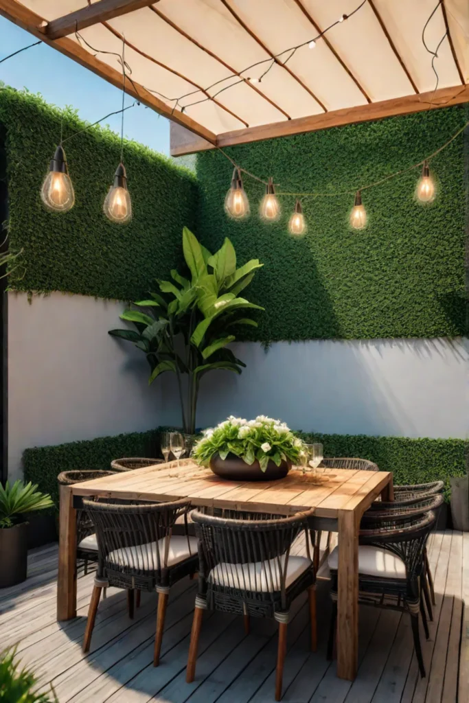 Ecofriendly patio furniture with reclaimed wood and greenery