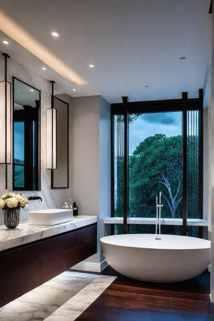 Elegant bathroom design with contrasting dark wood floor and white marble