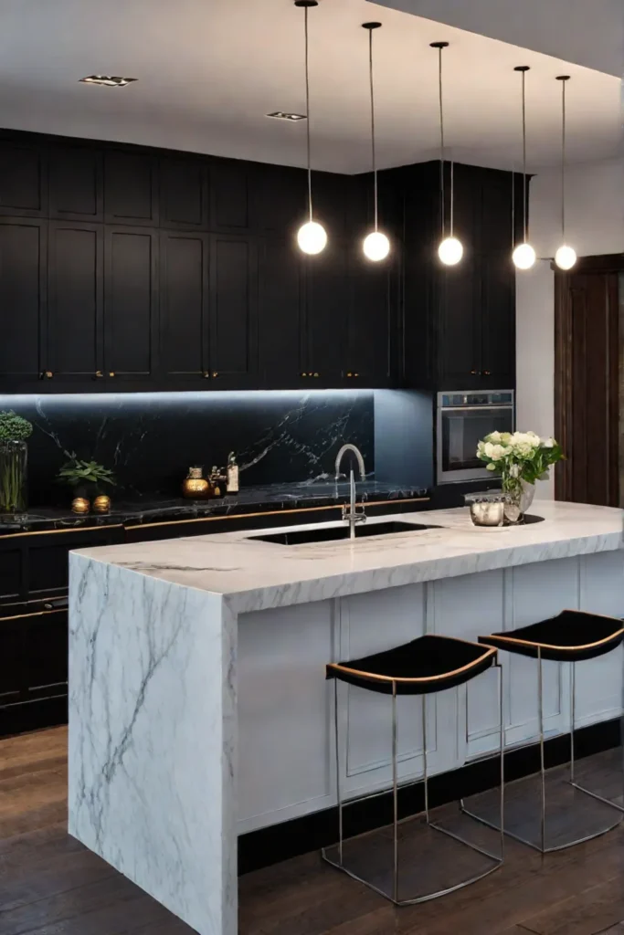 Elegant kitchen with marble countertops and statement lighting