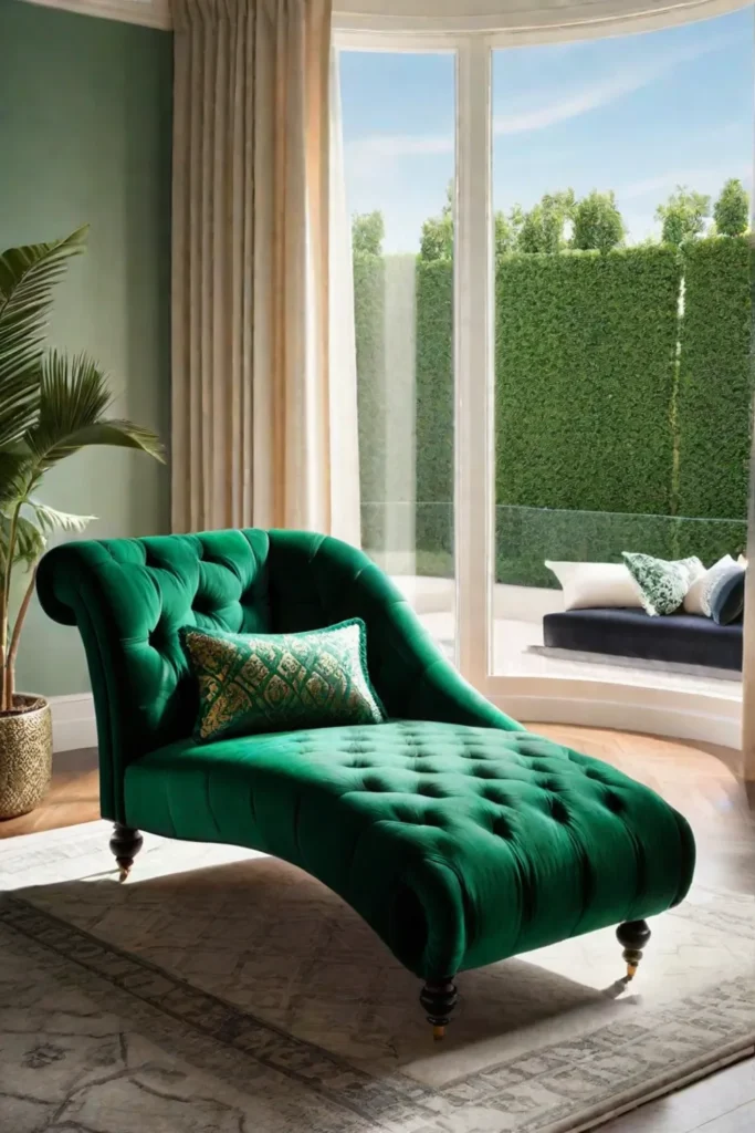 Emerald green chaise lounge in a bright living room