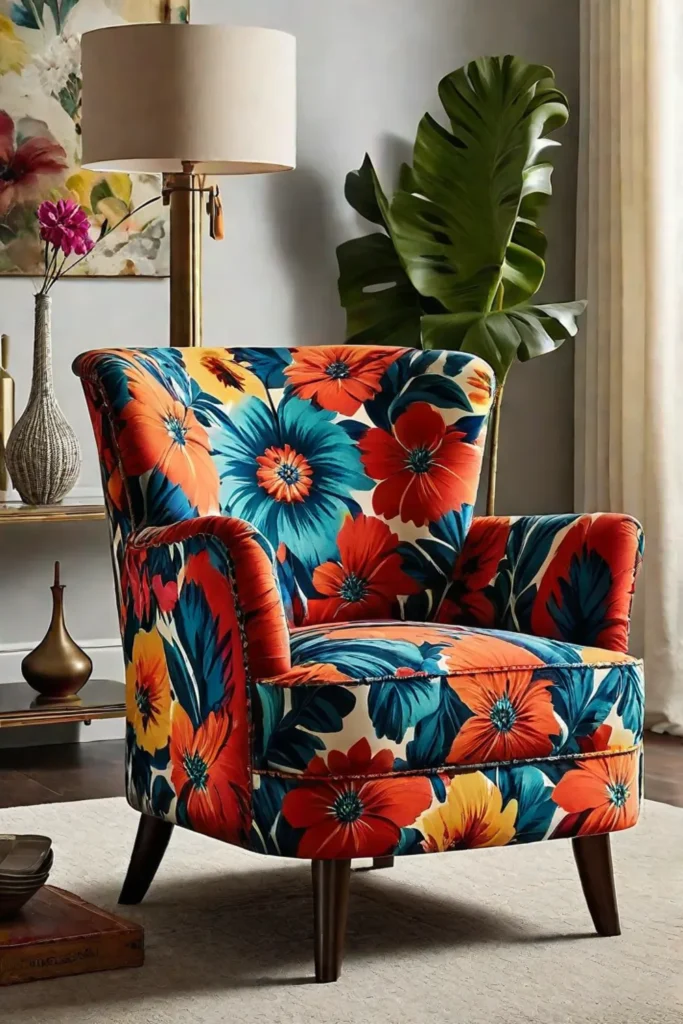 Floral patterned accent chair in a neutral living room