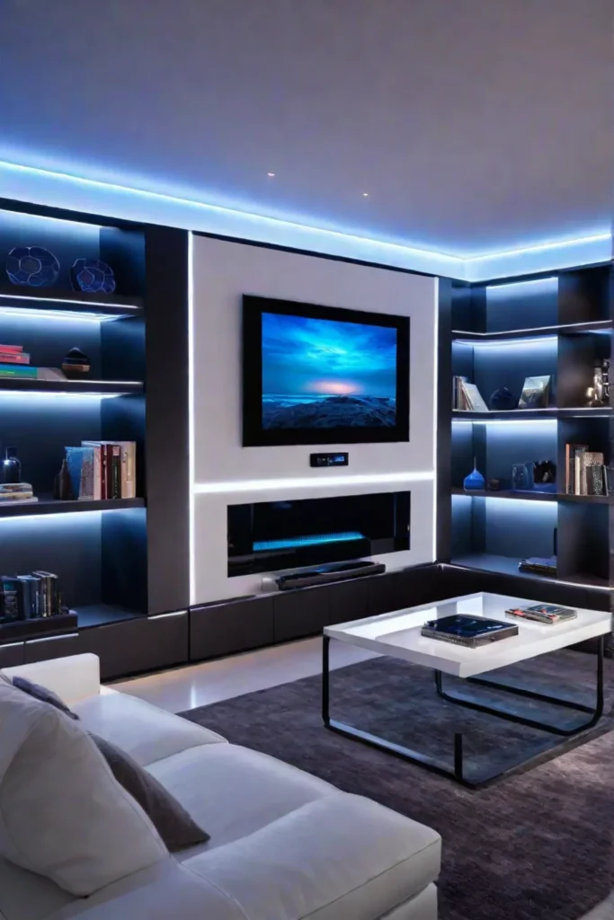 Futuristic living room with automated furniture and holographic controls