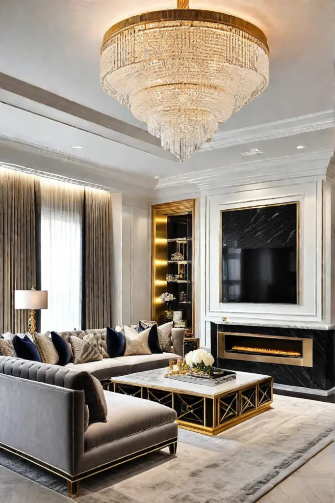 Gold accents and marble details in living space