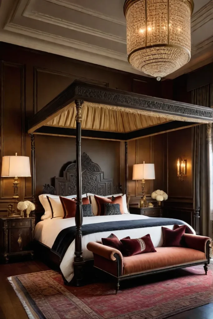 Grand bedroom with carved canopy bed and antique brass lamps