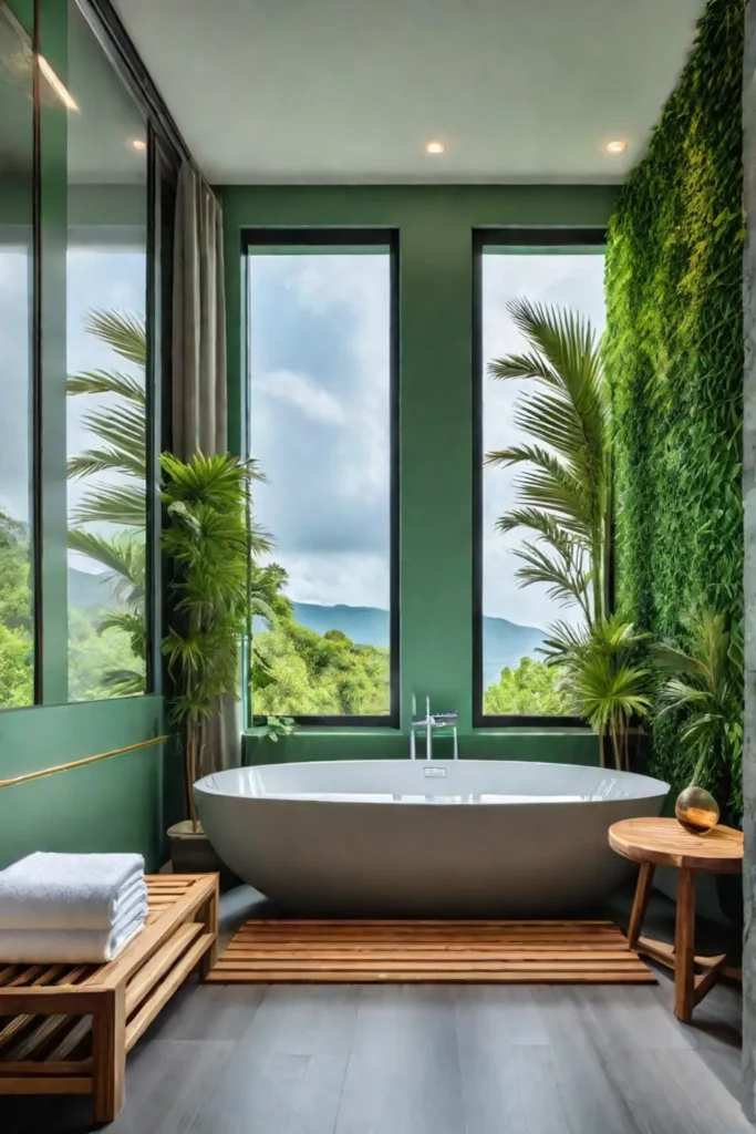 Green bathroom design with natural stone and a view of nature