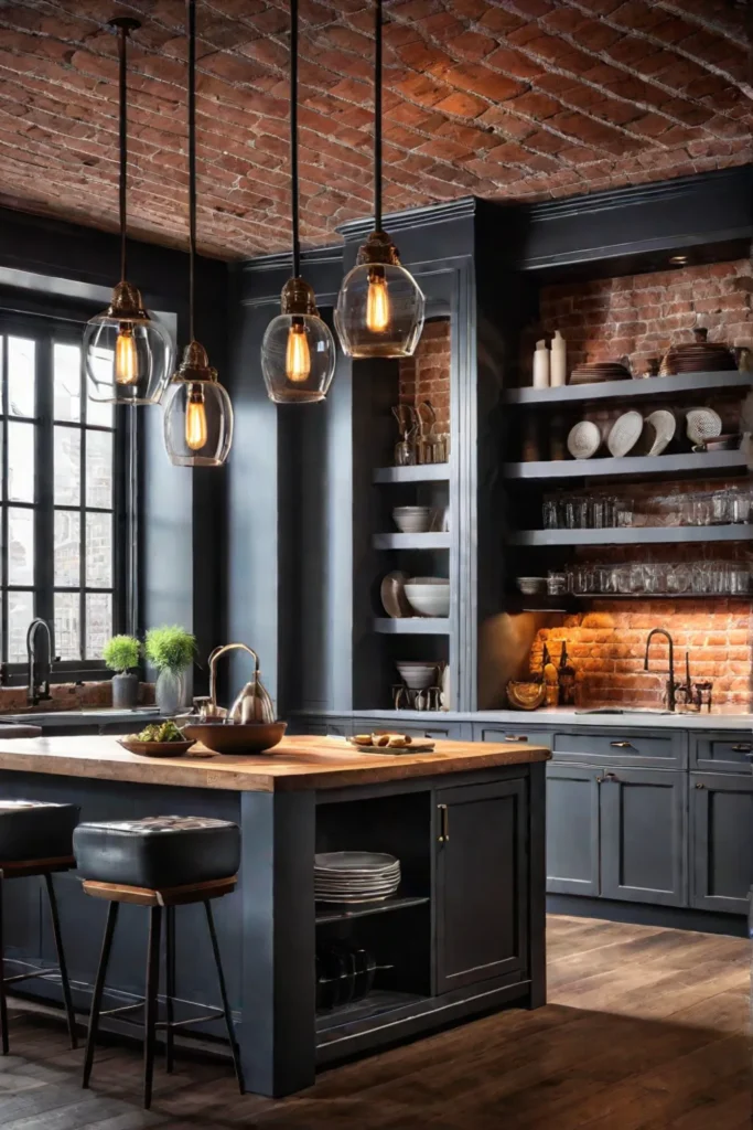 Industrial kitchen with pendant and track lighting