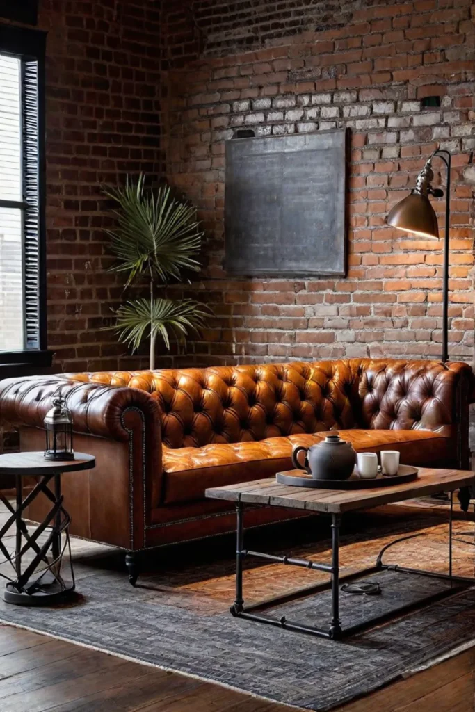 Industrial living room with exposed brick and metal accents