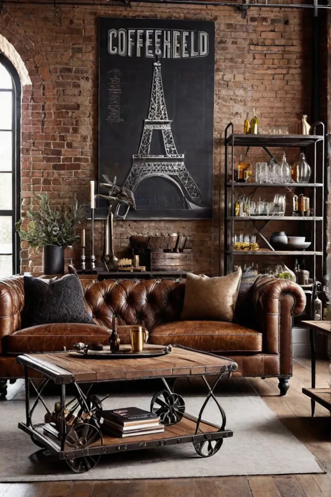 Industrial living room with leather sofa and exposed brick