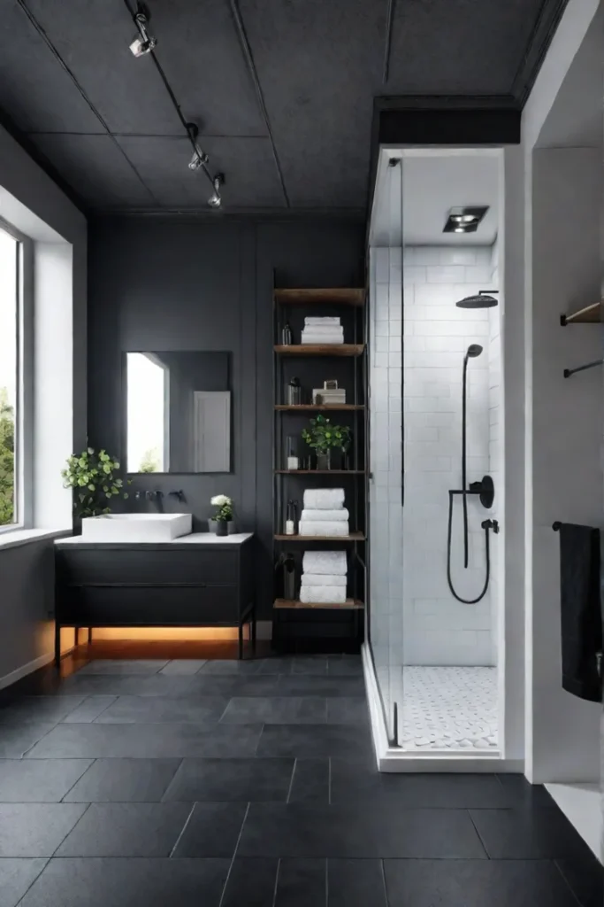 Industrialstyle bathroom with dark rubber flooring