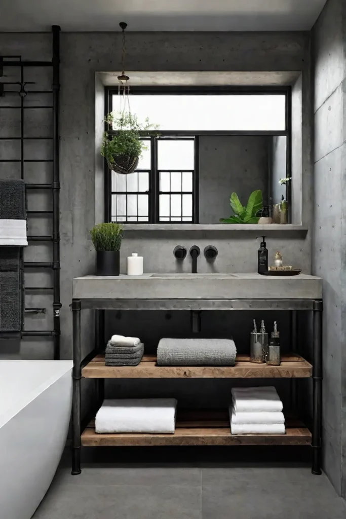 Industrialstyle small bathroom with concrete vanity and exposed pipes