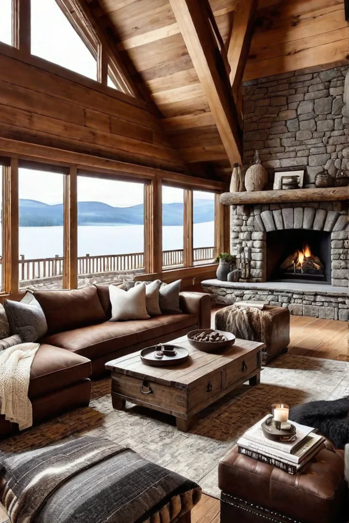 Inviting living space with fireplace and rustic accents