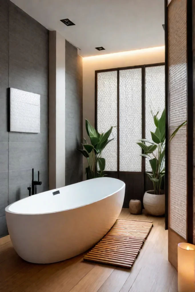Japaneseinspired small bathroom with soaking tub and bamboo