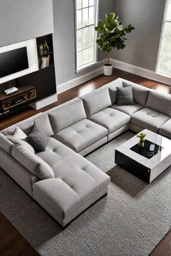 Living room furniture with integrated charging stations and smart lighting