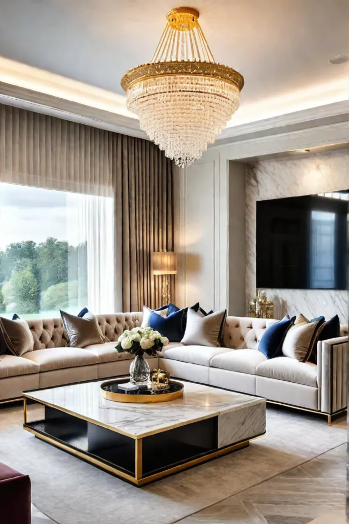 Luxurious living room with velvet sectional sofa