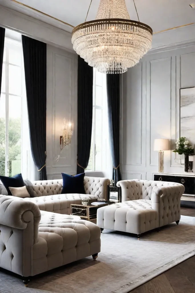 Luxurious living room with velvet sofa and marble coffee table