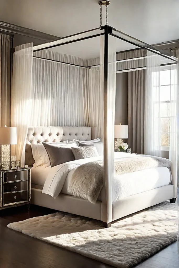 Luxury bedroom featuring tufted headboard and crystal pendant light