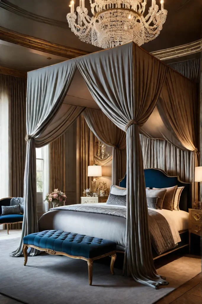 Luxury bedroom interior with silk drapes and velvet accents
