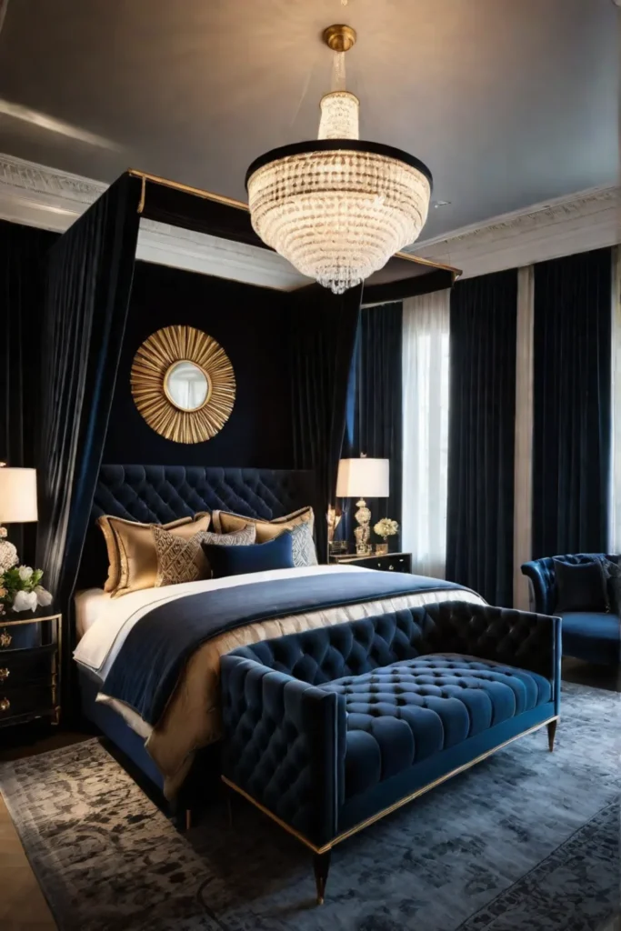 Luxury bedroom with statement chandelier and silk bedding