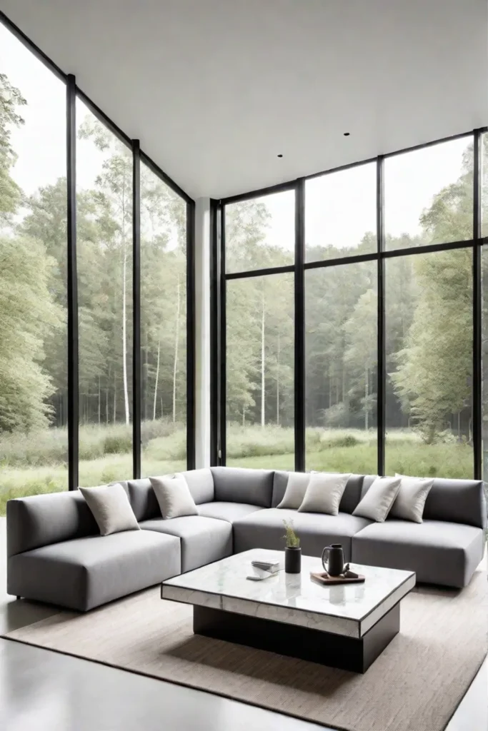 Minimalist living room with recycled materials and natural views
