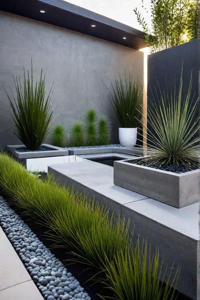 Minimalist patio with concrete pavers and water feature